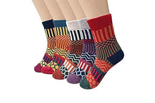 Five multi-patterned socks.